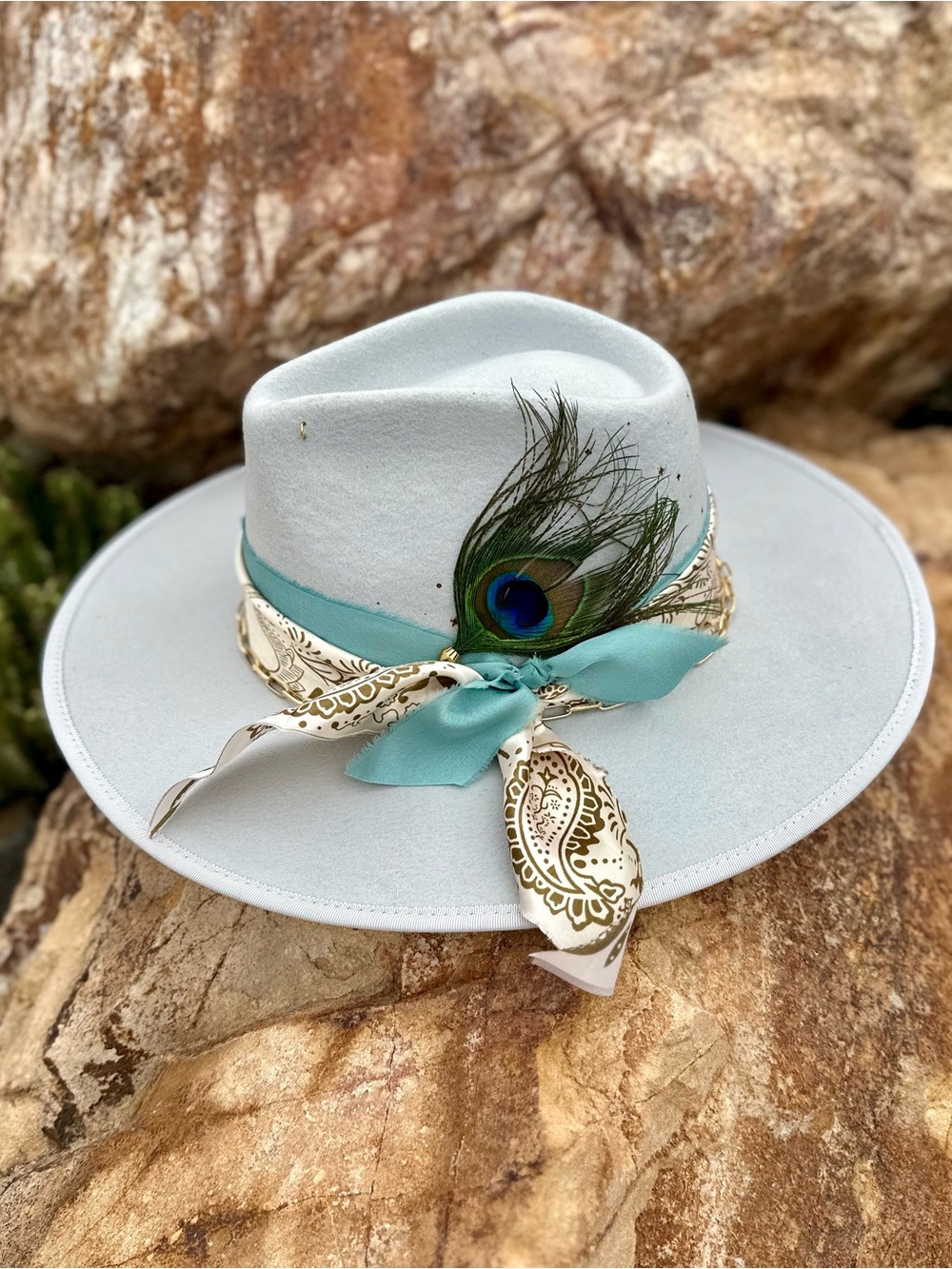 Celestial Initial Hat - Light Blue Wool Rancher Hat with Peacock Feather